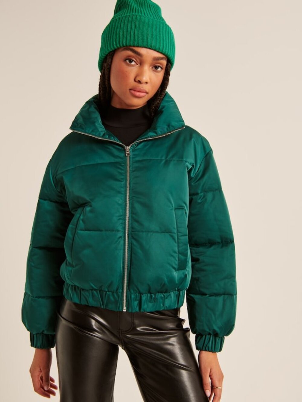 Abercrombie & Fitch Ultra Mini Puffer Jacket Green Satin Nylon Size M